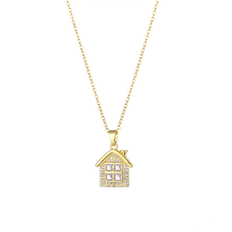 Wholesale Stainless Steel Zircon House Shape Cross Chain Creative Necklace